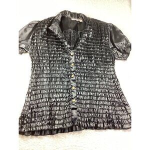 Womens Plus SZ 24 Gold Flava Black Short Sleeve Button-Up Ruched Blouse Top*EUC